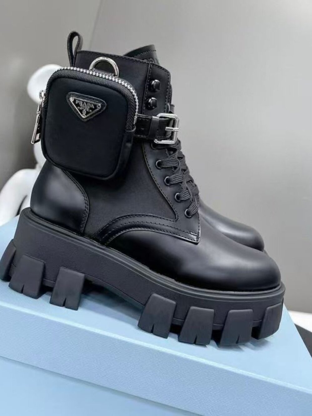 Prada Monolith Brushed Leather and Re-Nylon Combat Boots with Pouch Monolith